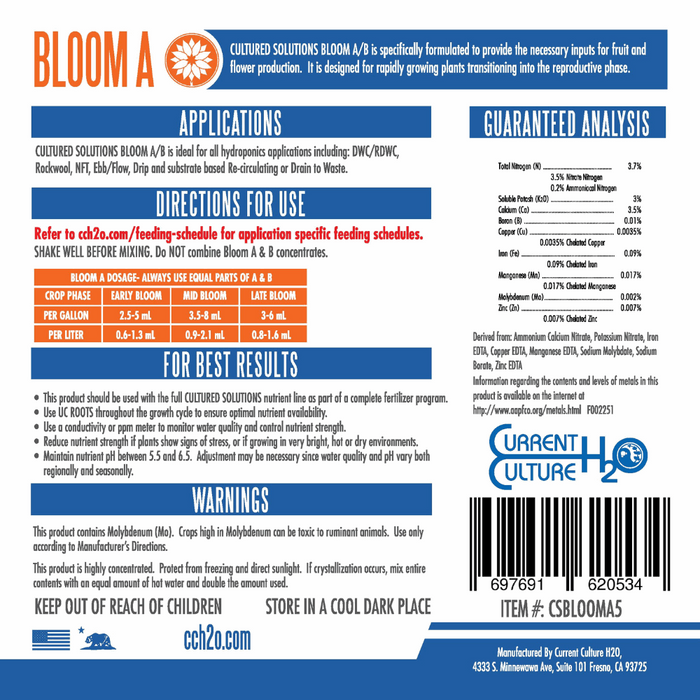 Cultured Solutions Bloom A Hydroponic Liquid Fertilizer.