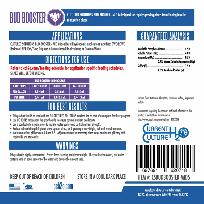 Cultured Solutions Bud Booster Mid Hydroponic Liquid Fertilizer.