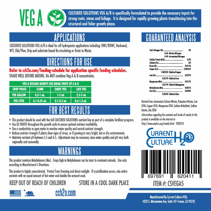 Cultured Solutions Veg A Hydroponic Liquid Fertilizer.