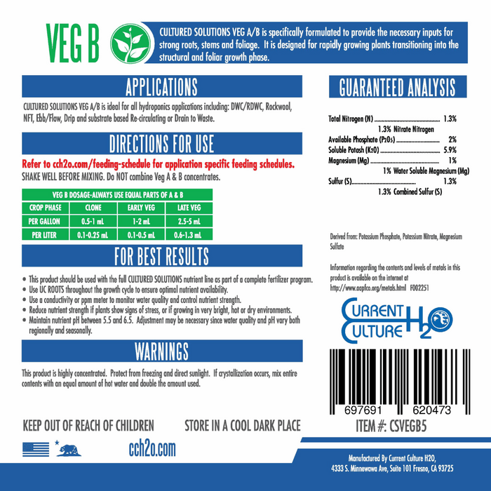 Cultured Solutions Veg B Hydroponic Liquid Fertilizer.