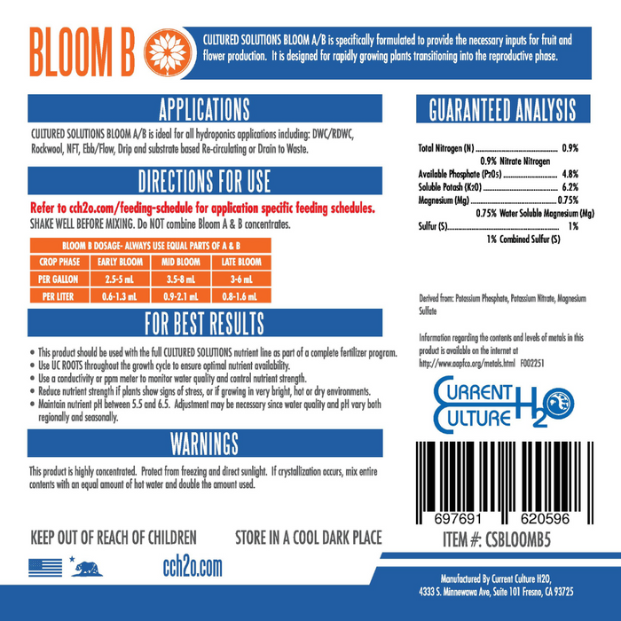Cultured Solutions Bloom B Label